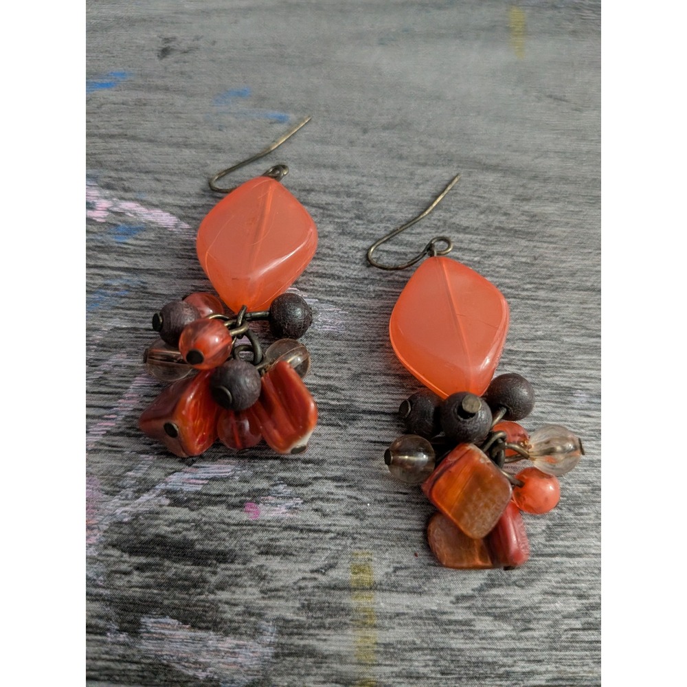 Boho Orange Terracotta Beaded Dangle Earrings Brown Wood Stone Drop Hooks